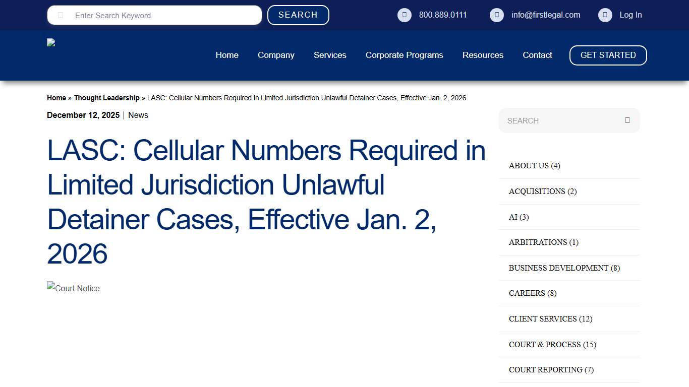 LASC: Cellular Numbers Required in Limited Jurisdiction Unlawful Detainer Cases, Effective Jan. 2, 2026 - First Legal